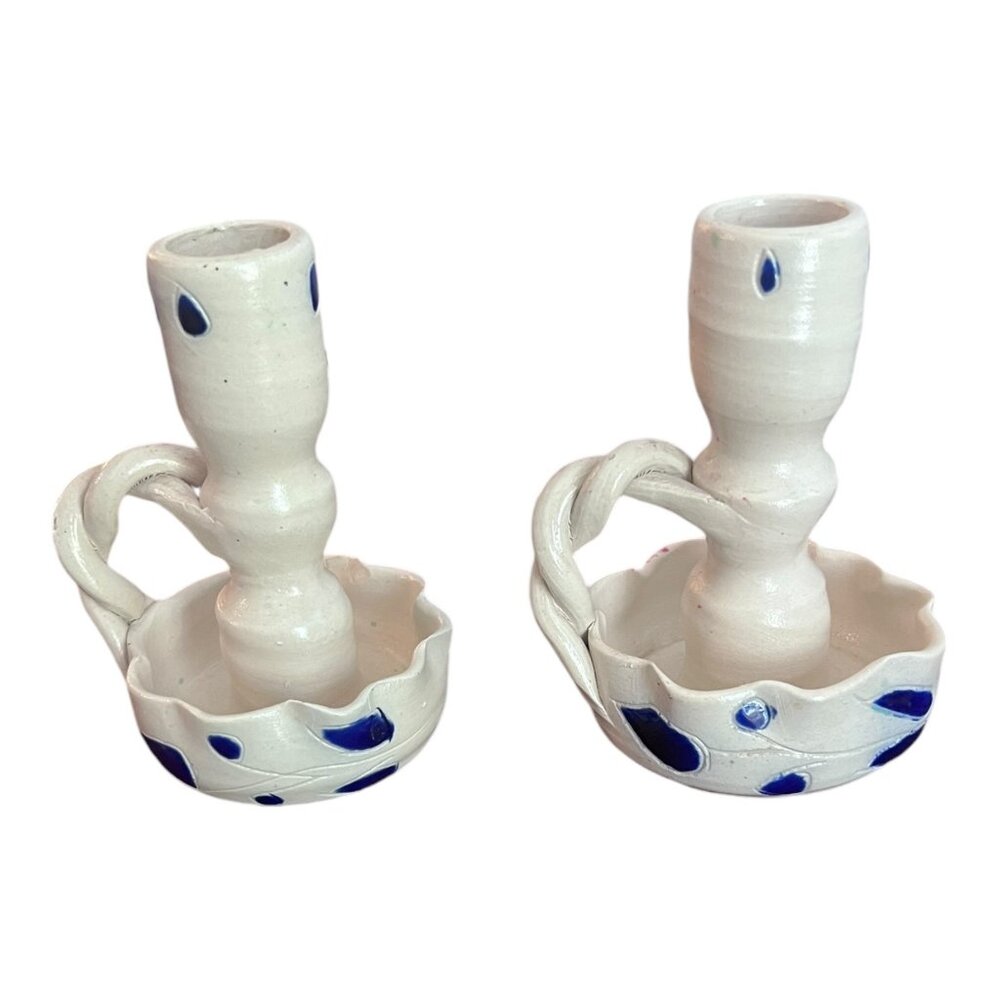 Vtg Williamsburg Pottery Salt Glaze Pottery Candlestick Holder 4.5" Tall Pair